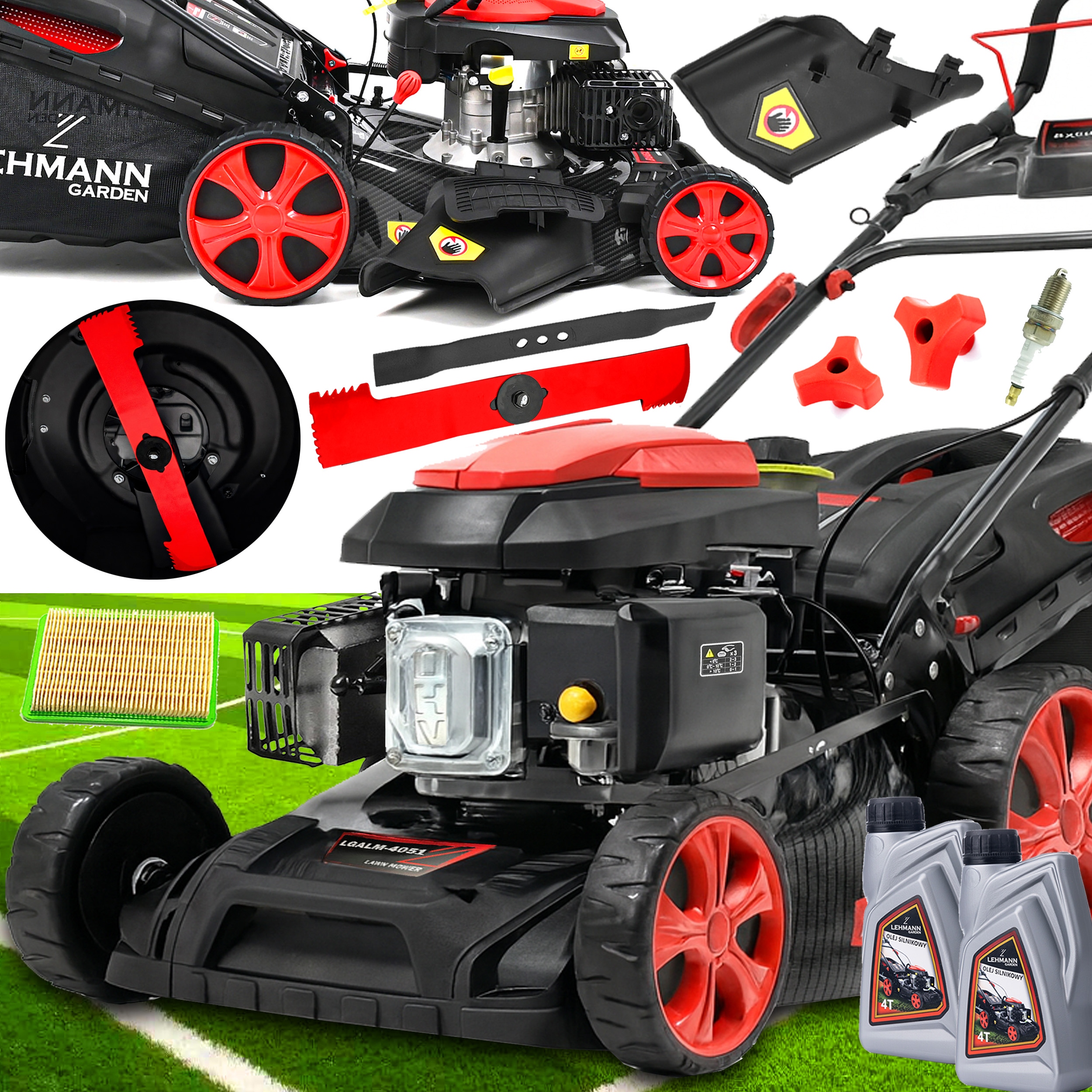 Benzínová kosačka na trávu Lehmann 196 cm³ 4,4 kW s pohonom a košom 60 l oleja nože